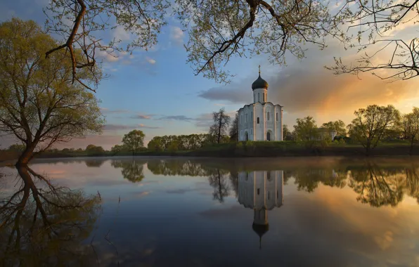 Picture landscape, nature, reflection, river, twilight, Nerl, Church of the Intercession