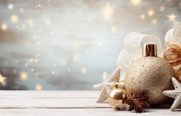 Balls, lights, background, Christmas, New year, gold plated, gold, bokeh