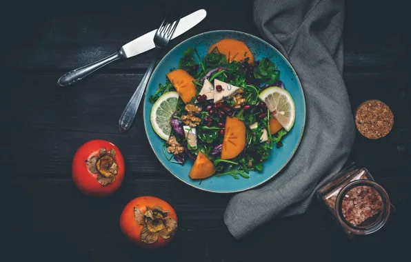 Greens, lemon, cheese, salad, persimmon