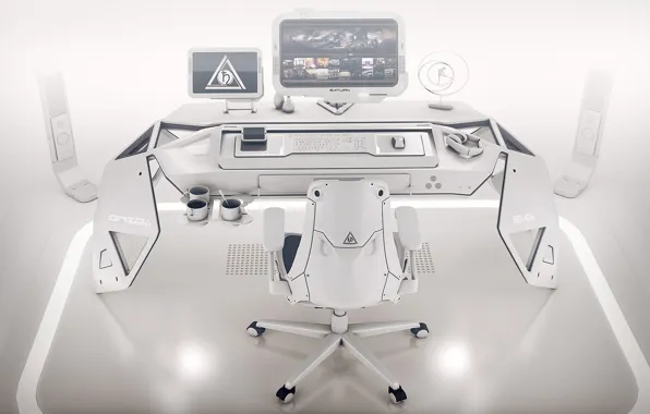 Computer, design, table, chair, Saturn desk concept