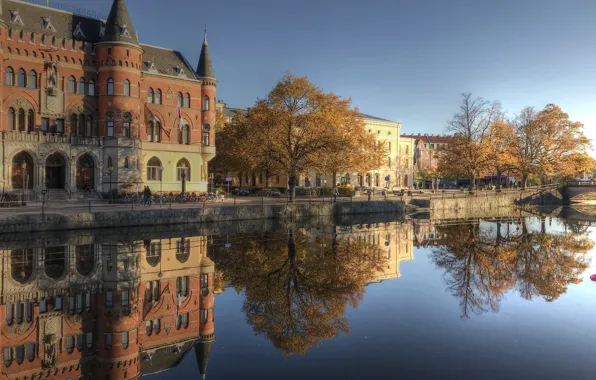 Picture autumn, the city, lake, reflection, building, home, Sweden, Örebro