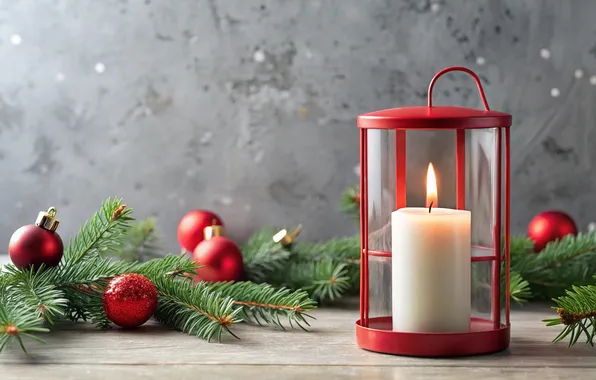 Balls, branches, table, Board, candle, Christmas, lantern, red