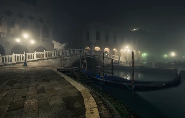 Bridge, Night, Venice, Lamps, Gondolas