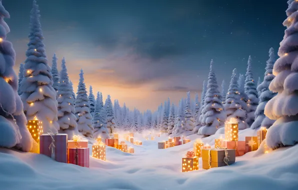 Winter, forest, snow, ate, Christmas, gifts, New year, tree