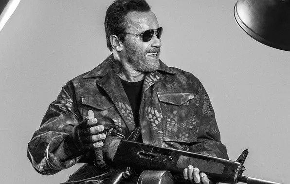 Actor, weapon, monochrome, smiling, Arnold Schwarzenegger, sunglasses, movies, beard