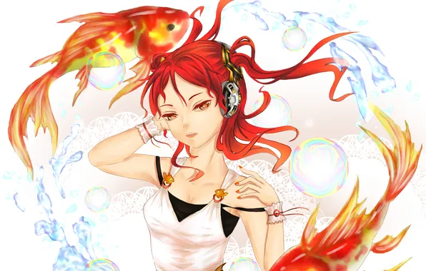 Girl, fish, music, bubbles, hair, anime, headphones, art
