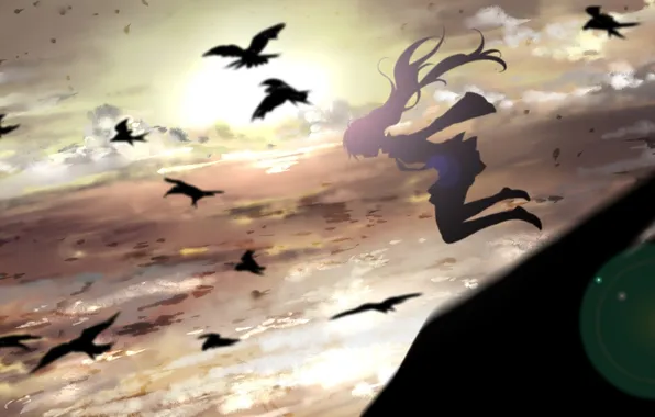 The sky, clouds, sunset, birds, girl, Hatsune Miku