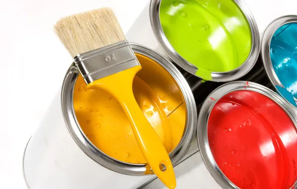 Blue, red, green, yellow, paint, brush
