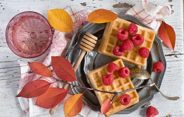 Picture leaves, raspberry, branch, waffles