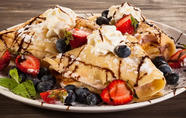 Chocolate, blueberries, cream, strawberry, pancakes, dessert, cakes, Strawberry