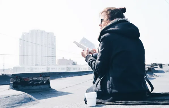 Roof, girl, city, the city, tea, the building, spring, jacket
