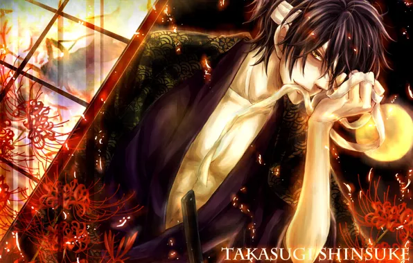 Flowers, samurai, sparks, male, bandage, Gintama, Takasugi Shinsuke, yellow moon