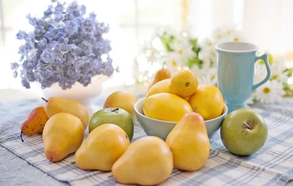 Flowers, apples, pear
