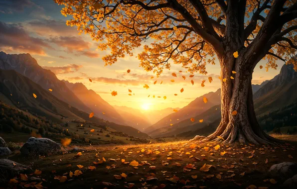 Autumn, the sun, landscape, mountains, nature, fog, tree, dawn