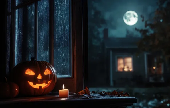 Picture Night, The moon, House, Window, Pumpkin, Halloween, Halloween, Digital art