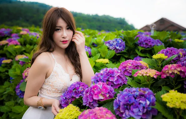 Look, landscape, flowers, model, portrait, makeup, dress, hairstyle