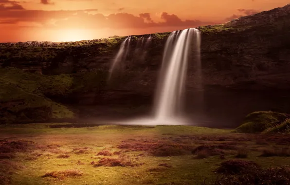 Landscape, sunset, nature, rendering, rocks, waterfall, stream, Iceland