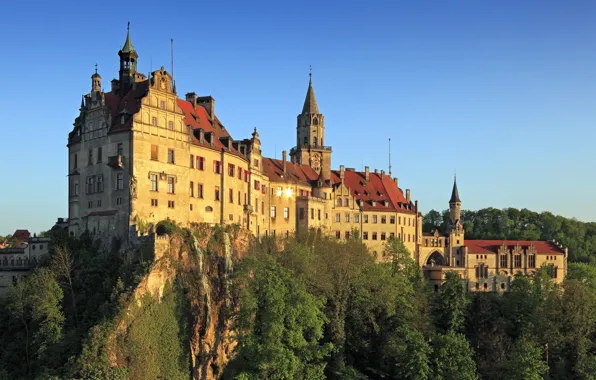 Forest, the sky, sunset, river, castle, mountain, Germany, Germany