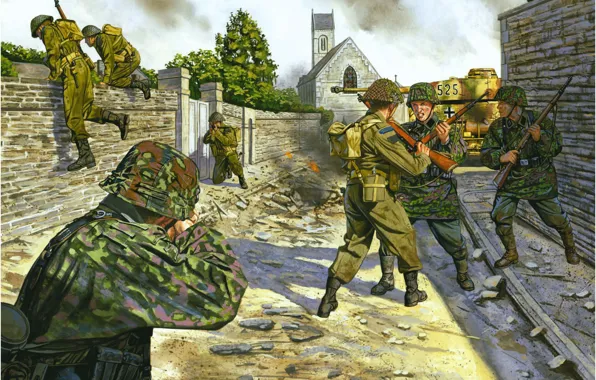 Soldiers, tank, fight, the Germans, urban combat, british infantrymen