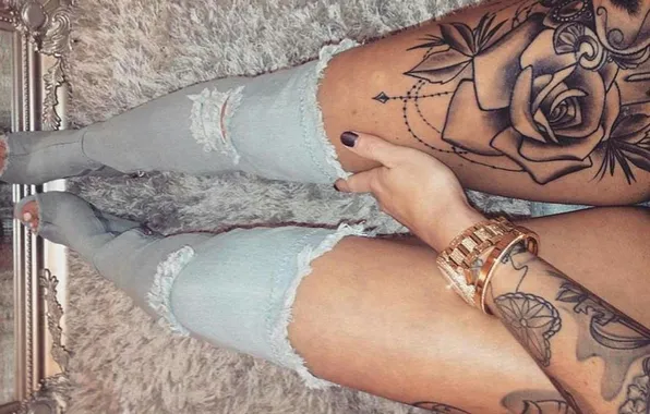 Watch, tattoo, bracelet, manicure, slender legs, tattoos on the arm, tattoos on the legs