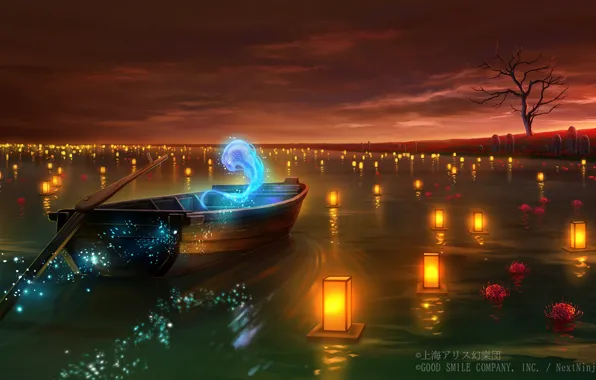Boat, lanterns, soul, Touhou Project, licorice, The Sea Of Tranquility, mystical fire