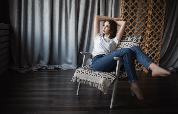 Picture girl, pose, jeans, chair, barefoot, t-shirt, brown hair, barefoot