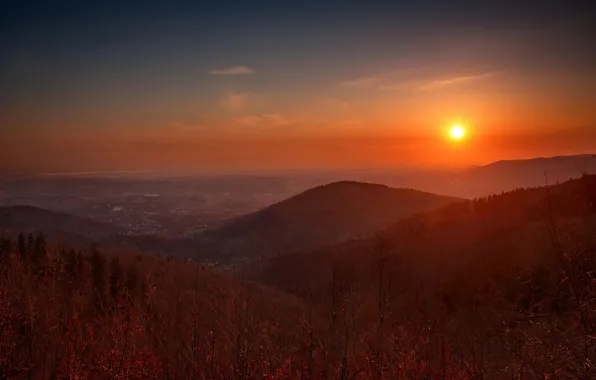 Autumn, forest, the sky, the sun, sunset, mountains, branches, hills