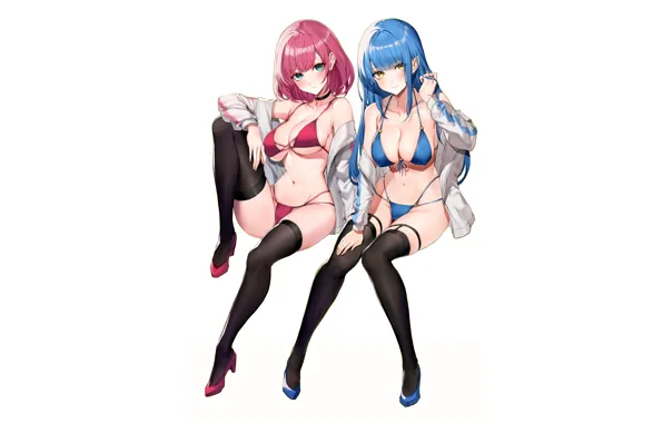 Girl, sexy, cleavage, thighhighs, pink hair, long hair, boobs, anime
