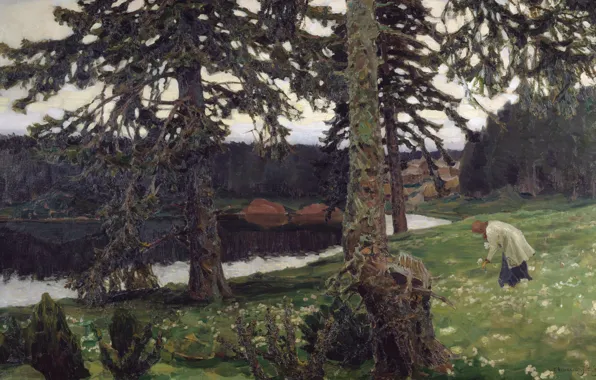 Picture forest, oil, Lake, Canvas, white flowers, Apollinary VASNETSOV, (1856-1933), 1902