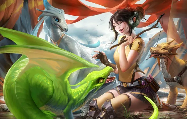 Girl, emotions, the game, laughter, fish, dragons, headphones, art