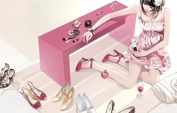 Picture girl, wine, glass, perfume, art, shoes, cosmetics, cell phone