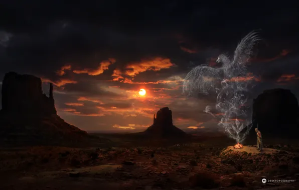 Creative, bird, the moon, smoke, people, the fire, desktopography