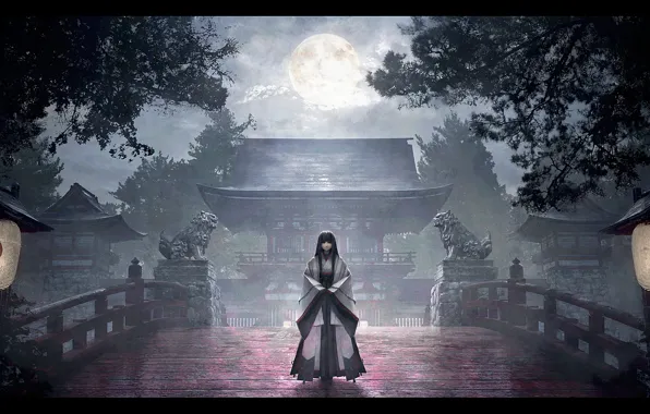 Girl, trees, fog, the moon, temple