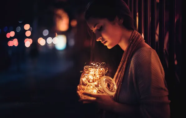 Girl, light, night, lights, Bank, bokeh