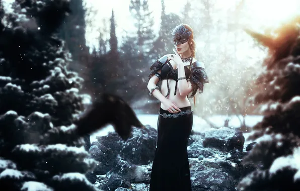 Winter, forest, look, girl, light, snow, nature, pose