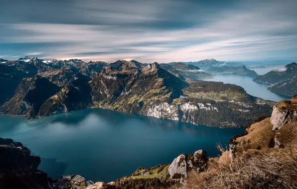 The sky, clouds, mountains, lake, stones, open, rocks, hills
