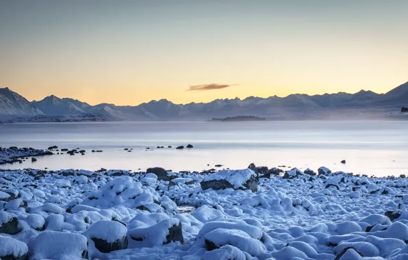 Winter, snow, mountains, fog, river, stones, shore, tops