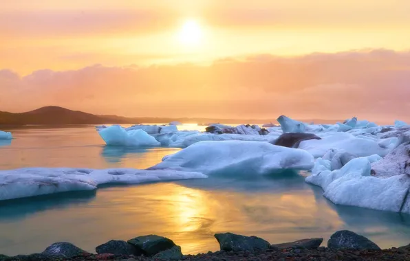 Reflection, The sun, Water, Earth, Dawn, ice, Ice, Sparks