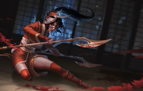 Mask, axes, the fight, Akali, League of Legends, League Of Legends, blood spatter, a pool …