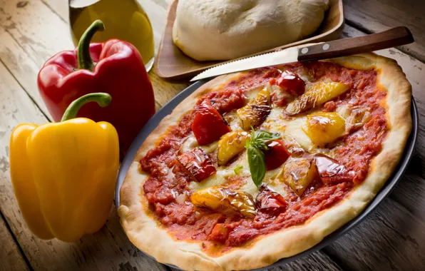 Picture cheese, bow, knife, pizza, tomato, sausage, dish, bell pepper