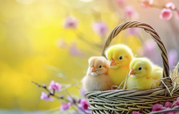 Birds, holiday, chickens, Easter, basket, Chicks, fledglings, AI art