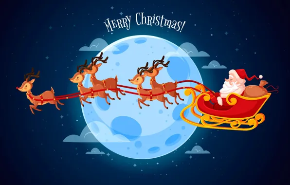 Winter, Night, The moon, Christmas, New year, Santa Claus, Deer, Merry Christmas