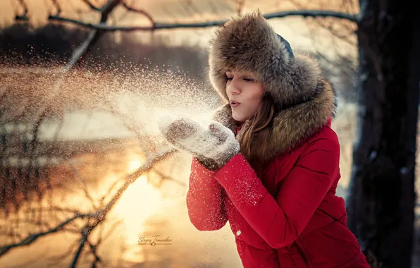 Picture girl, snow, mood, hat, mittens, Sergei Timashev