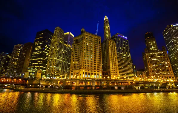 Picture night, lights, river, home, skyscrapers, Chicago, lights, USA