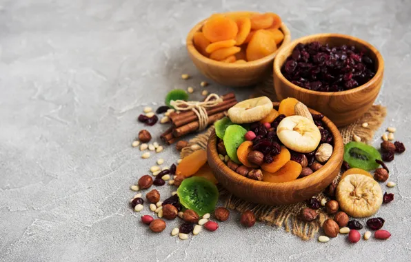 Table, bowl, nuts, spices, dried fruits