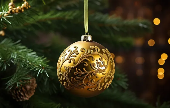 Decoration, background, tree, ball, New Year, Christmas, golden, gold