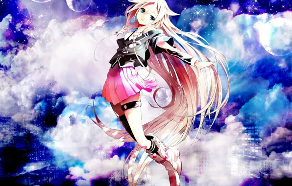 Picture the sky, stars, flight, reflection, home, vocaloid, pink hair
