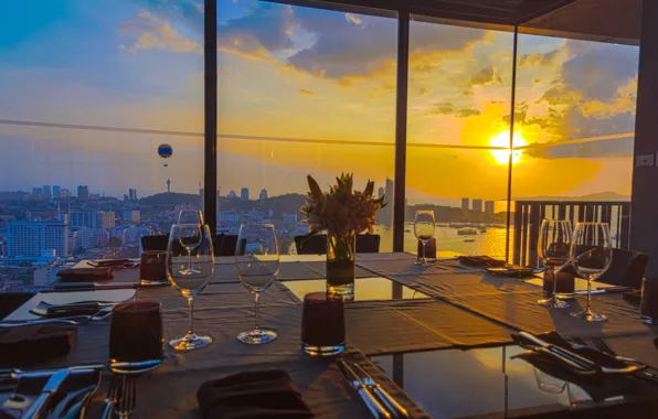Sunset, the city, table, the evening, window, restaurant, serving