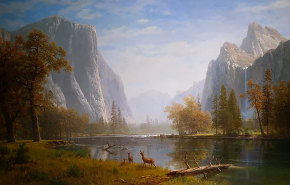 Picture water, trees, mountains, nature, tree, figure, mountain, art, drawings, waterfalls, painting animals