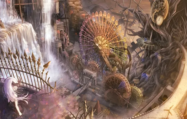 Girl, the city, waterfall, anime, art, Ferris wheel, horns, dararito